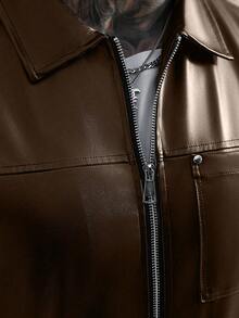 SLATEMANN Men's Loose Fit PU Leather Front Zip Short Sleeve Brown Shirt, Streetwear - Brown - View 6