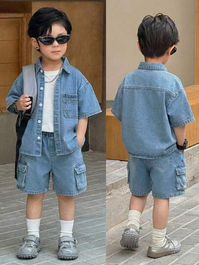 2pcs/Set Young BoyLoose Denim Blue Short Sleeve Shirt And Cargo Shorts Set