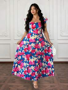 Elenzga Vestido largo de mujer talla grande con estampado floral, cuello cuadrado, mangas con volantes, cintura fruncida y estilo vintage francés versátil para vacaciones y citas - Multicolor - Ver 3