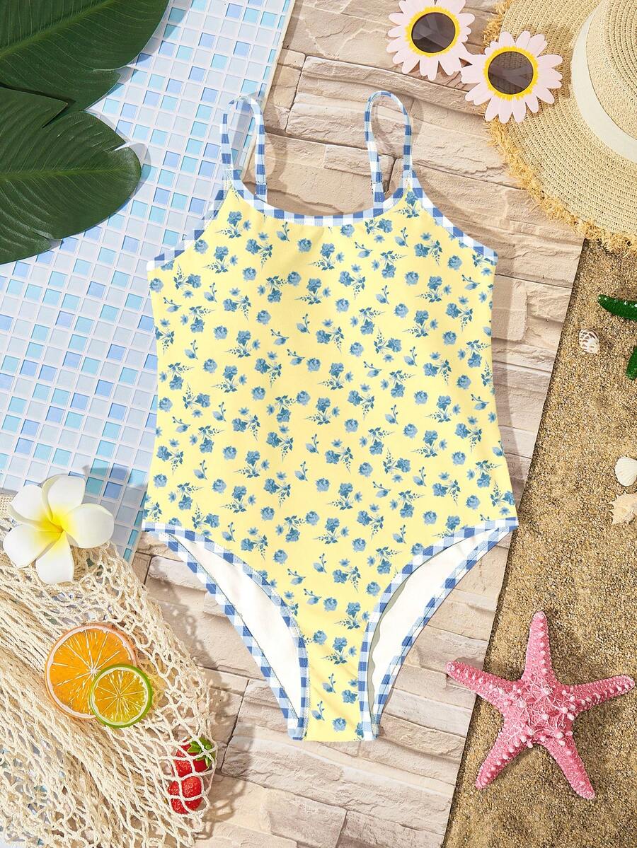 Traje de baño de una pieza con estampado colorido informal para niñas preadolescentes, adecuado para el verano - Multicolor - Ver 1