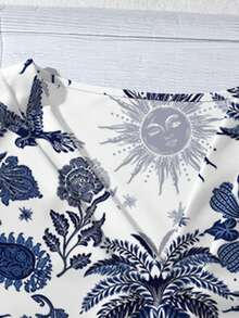 EMERY ROSE 休闲简约海岛度假风椰树太阳神腰果花印花V领荷叶边短袖上衣，适合秋季、夏季、度假穿着，大码可选 - 彩色 - 查看 3