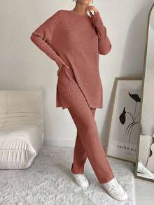 EURMUSE Women's Solid Color Round Neck Drop Shoulder Long Sleeve Ribbed T-Shirt And Pants Casual 2 Pieces Set, Autumn - Rusty Rose - View 3