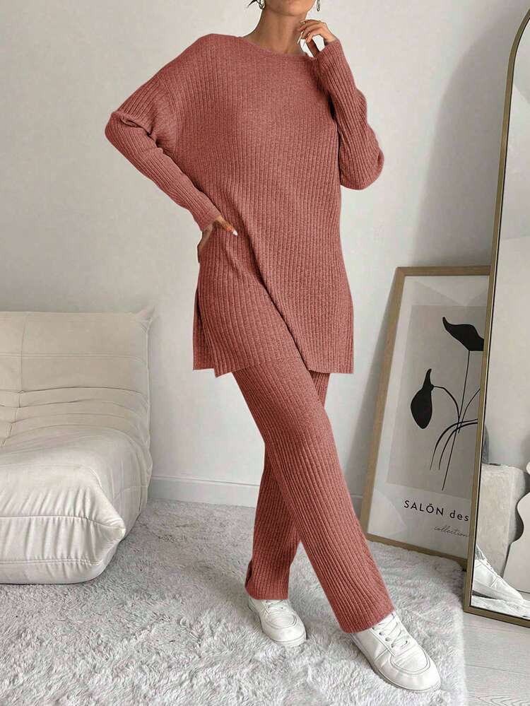 EURMUSE Bộ đồ 2 món đơn giản cổ tròn trễ vai tay dài phối gân màu trơn dành cho nữ, mùa thu - Màu hồng gỉ - Xem 3