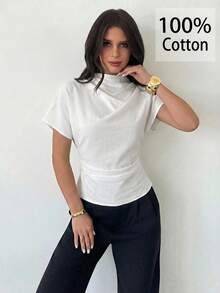 Firerie Áo kiểu nữ màu mơ, chất liệu sợi tre, vải lanh, phù hợp cho mọi mùa, cổ nhăn, tay áo bất đối xứng, xếp ly bên hông và thắt eo. - trắng - Xem 6