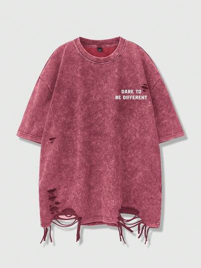 Manfinity EMRG Men's Casual Slogan Print Distressed T-Shirt, Summer