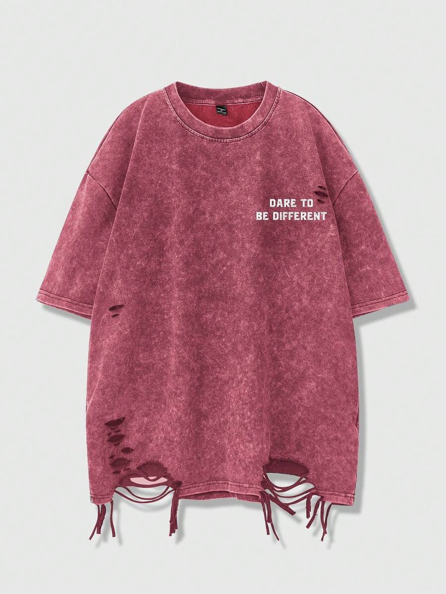 Manfinity EMRG Men's Casual Slogan Print Distressed T-Shirt, Summer - Red - View 1