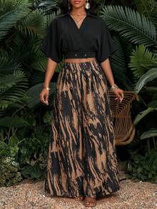 SHEIN Lady Conjunto casual de 2 piezas con top de cuello en V sólido con decoración de tachuelas y pantalones de pierna ancha para mujer - Multicolor - View 3