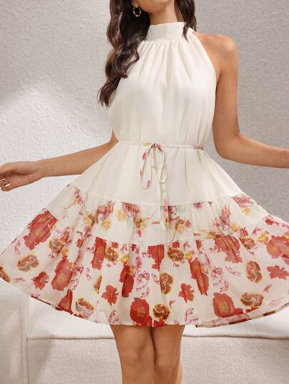 Rafferiza French Romantic Halter Sleeveless Dress, Ombre Watercolor Floral Print, Waist Tie, Multi-Layer Ruffle Hem, Vacation Chic Dress