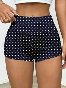 SHEIN EZwear 女士纯色褶皱骑行短裤，夏季骑行、瑜伽运动蓝白波点印花波点短裤泳衣高腰收腹女士短裤 - 彩色 - 查看 4