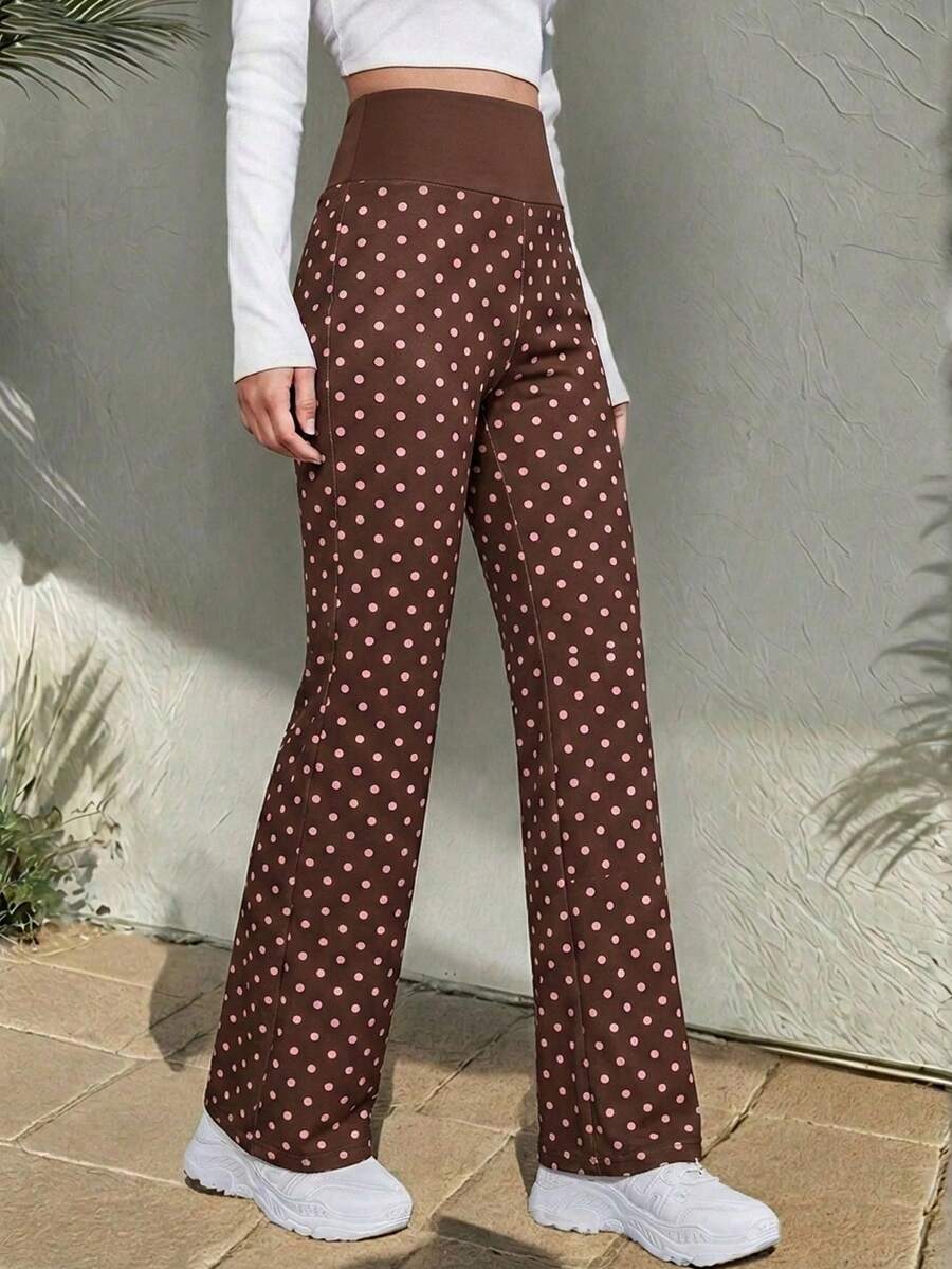 SHEIN EZwear 棕粉色波点印花喇叭休闲裤，适合夏季、度假、音乐节、毕业季、返校季穿着 - 彩色 - 查看 1