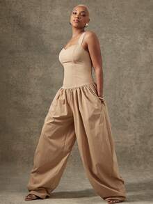 Vixey Woven Structured Bodice Flowy Extra Wide Leg Drop Waist Jumpsuit - Khaki - View 4