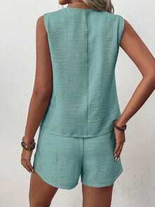 EMERY ROSE Women's Solid Color Single-Breasted Vest And Shorts Casual 2 Pieces Set - Teal Blue - View 2