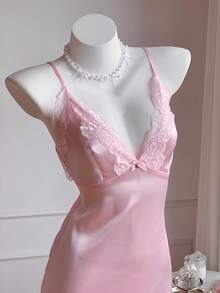 Comfortcana 女士优雅纯色蕾丝拼接吊带迷你连衣裙 - 粉色 - 查看 1