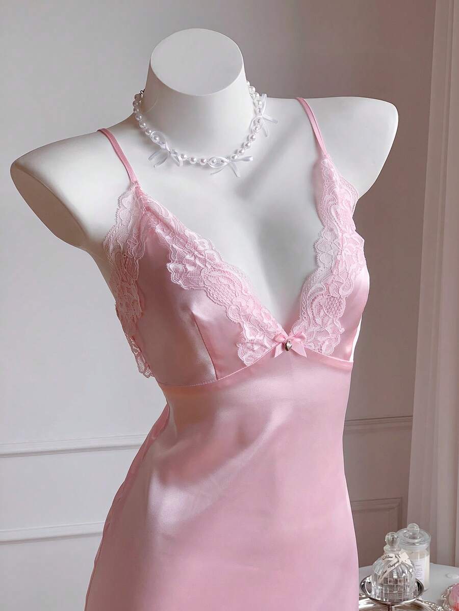 Comfortcana 女士优雅纯色蕾丝拼接吊带迷你连衣裙 - 粉色 - 查看 1