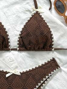 Swim Vcay Women's Cute Brown Crochet Bikini Set,Summer Beach Holiday Knitted Halter Triangle Bathing Suit,2 Piece Scallop Trim Textured Swimwear With Bows - Multicolor - View 7