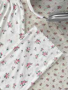 SHEIN Tween-Mädchen Pyjama Set, minimalistisches Blümchen-Muster Rundhals Kurzarm Top und weiche, bequeme gerippte Hose, 2-teiliger Schlafanzug - Pink - Übersicht 4