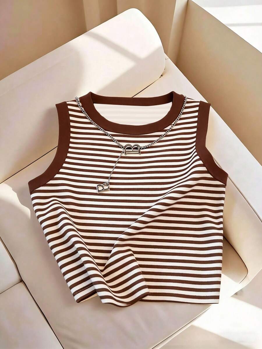 New Arrival Fashionable Versatile Khaki Striped Round Neck Tank Top For Women - Multicolor - View 1