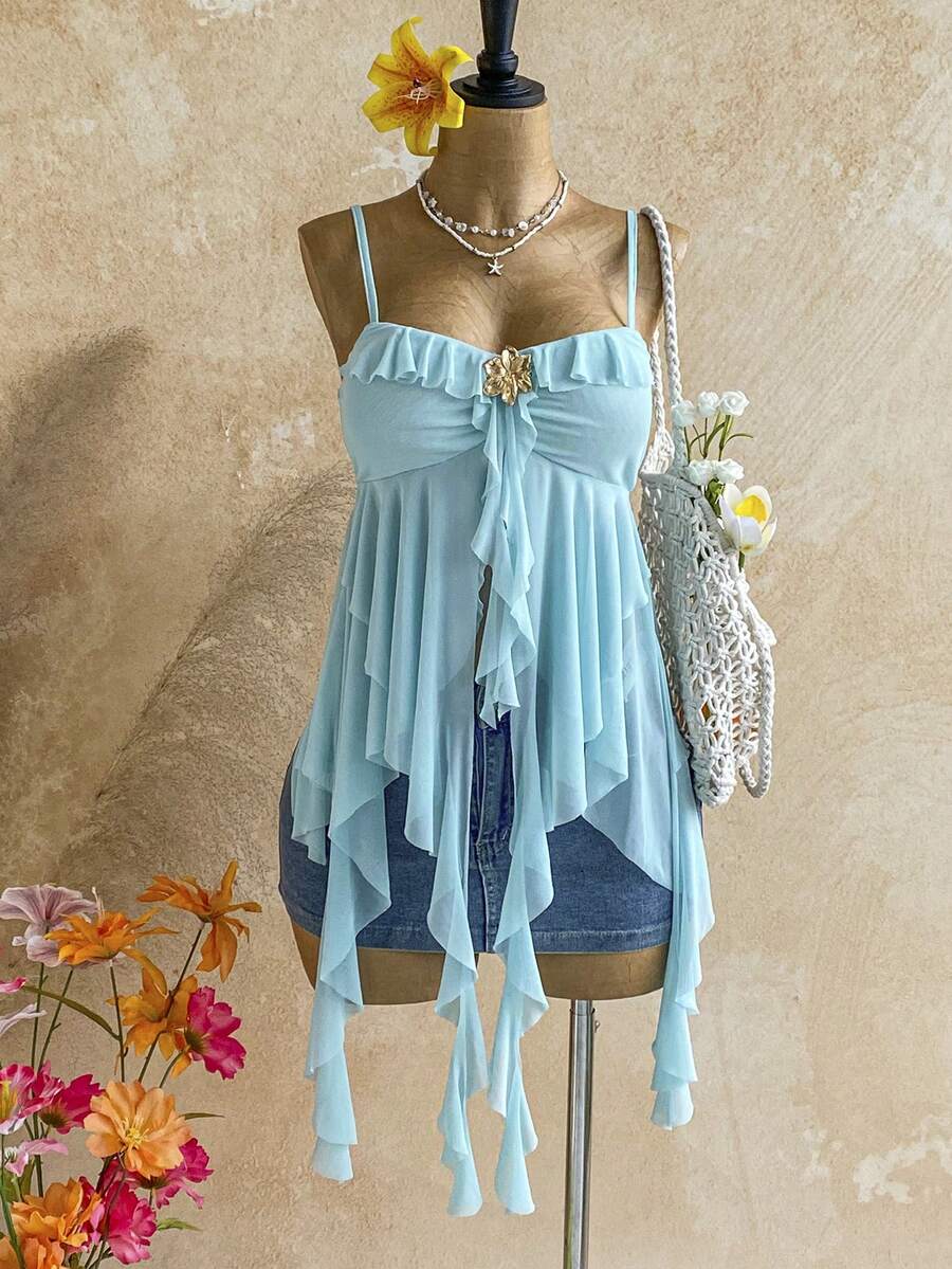 Soleia Spring To Summer Carnival Carnival Costume  Party Beach Wedding Beach Graduation Winter Festival Vacation Women's Metal Flower Decor Ruffle Asymmetric Hem Camisole - Blue - View 1