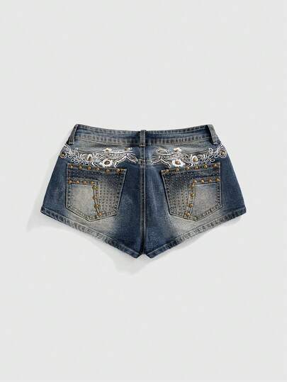 ROMWE Avant Women's Vintage Y2K Baddie Ultra Low Waist Studded Embroidered Denim Shorts