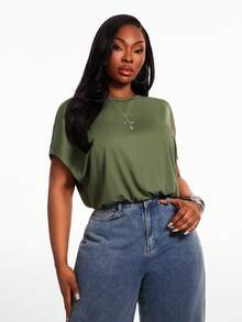 SHEIN SXY 大码女式纯色圆领褶皱休闲连体衣，日常百搭 - 綠色 - 查看 7