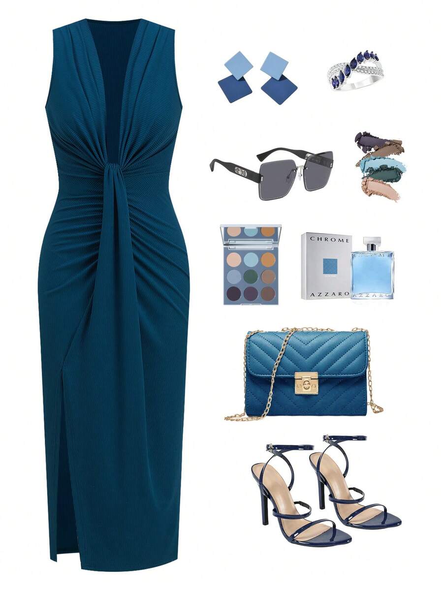 Ellevyn Low Neck Ruched Fitted Elegant Dress - Blue - View 1