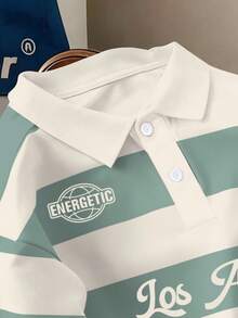 Manfinity Joysei Men's Casual Colorblock Striped Letter Print Short Sleeve Polo Shirt, Summer - Multicolor - View 3