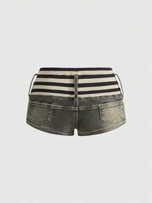ROMWE Grunge Punk Y2K Crop Ribbed Patchwork Ultra Low Waist Women Denim Shorts - Army Green - View 2