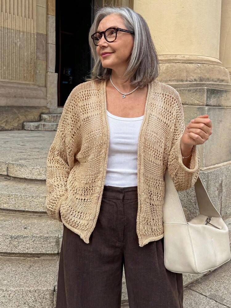 Women's Solid Color Loose Hollow Out Long Sleeve Casual Resort Knit Cardigan, Spring/Autumn