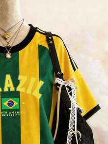 Lalippa Brazilian Vertical Stripe Digital Print Casual Oversized Mid-Length Round Neck Drop Shoulder Women T-Shirt, Gift For Friends - Multicolor - View 3