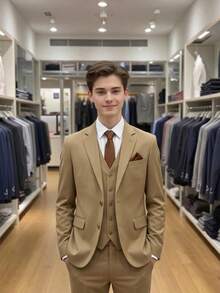 SHEIN 青少年男童三件套西装：卡其色简约修身马甲、合身西装外套和西裤。舒适百搭，适合日常穿着、上学、外出、婚礼、派对、海滩度假和特殊场合。 - 卡其色 - 查看 3