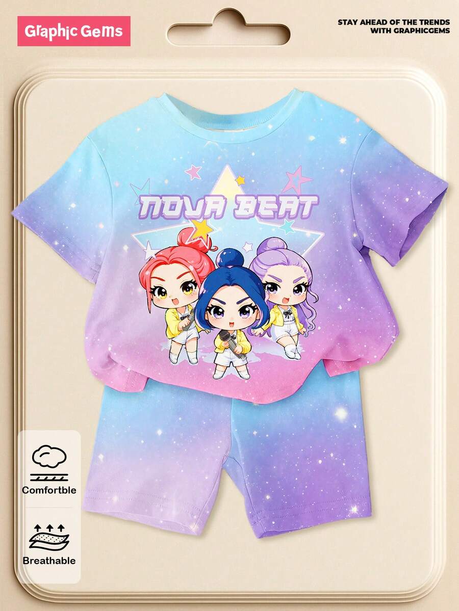 SHEIN 一套少女休闲时尚韩流卡通扎染彩色短袖针织T恤和配套短裤套装,舒适的T恤套装,适合少女日常和假日休闲穿着。 - 彩色 - 查看 1
