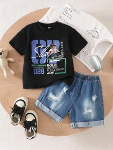 SHEIN Genkimix Kids 2件套男童休闲牛仔熊刺绣短袖T恤和短裤套装，适合日常休闲、运动、上学、户外活动、夏季穿着 - 彩色 - 查看 3