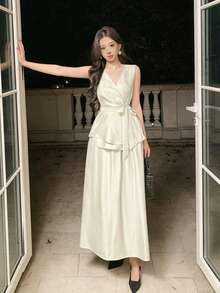 DAZY Women's Elegant Solid Color V-Neck Belted Shirt And A-Line Skirt 2-Piece Set, Spring/Summer - Beige - View 5