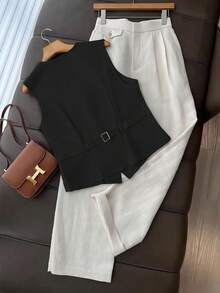 SHEIN Franclia Women's Solid Color Single-Breasted Casual Linen-Look Vest - Black - View 2