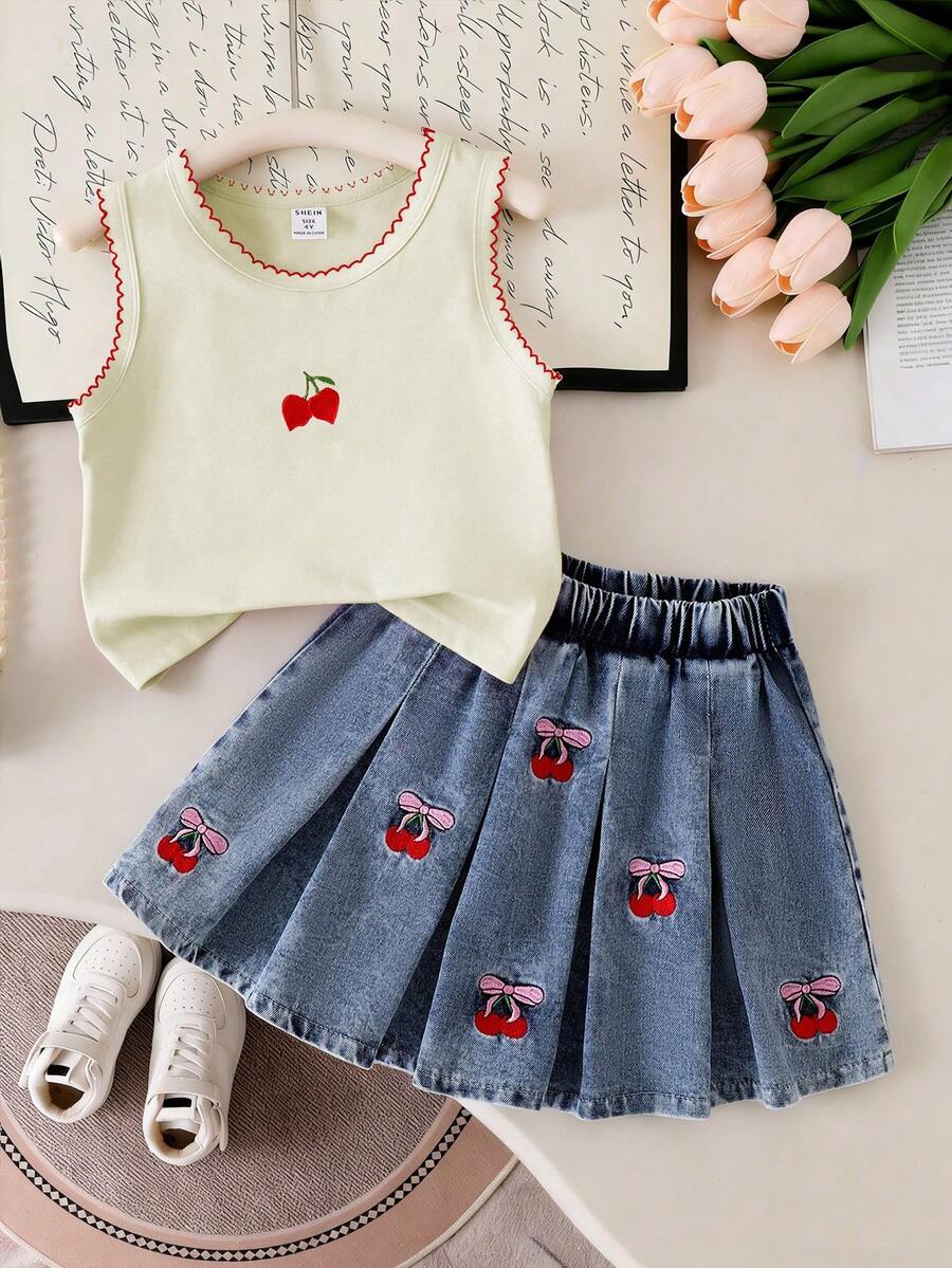 Genkimix Kids 两件套女童(小号)可爱圆领针织樱桃刺绣无袖上衣和牛仔褶皱刺绣半身裙,甜美可爱的夏季套装 - 杏色 - 查看 1