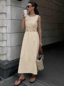 SHEIN Frenchy Đầm không tay cổ tròn, eo khoét rỗng, màu trơn dành cho nữ, thích hợp cho kỳ nghỉ. - Màu be - Xem 4