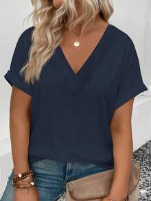 EMERY ROSE Women's Casual V-Neck Short Sleeve Curved Hem All-Match Versatile Plus Size T-Shirt - Navy Blue - View 1