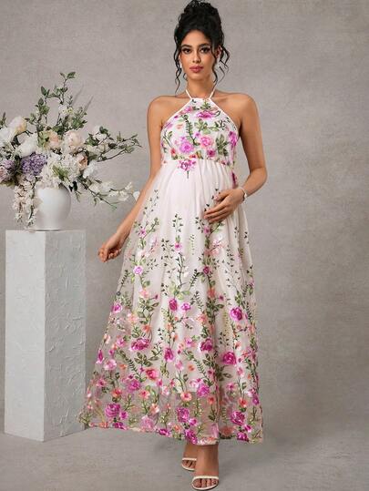 Momance 孕妇A字连衣裙，吊带设计，双层剪裁，带刺绣网纱