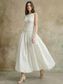 Ontre Women's Elegant White Summer Mid-Length Dress,Lace Patchwork Round Neck Sleeveless Fitted Waist,Dining Wedding Guest Attire,Vintage High-End Woven - Apricot - View 1