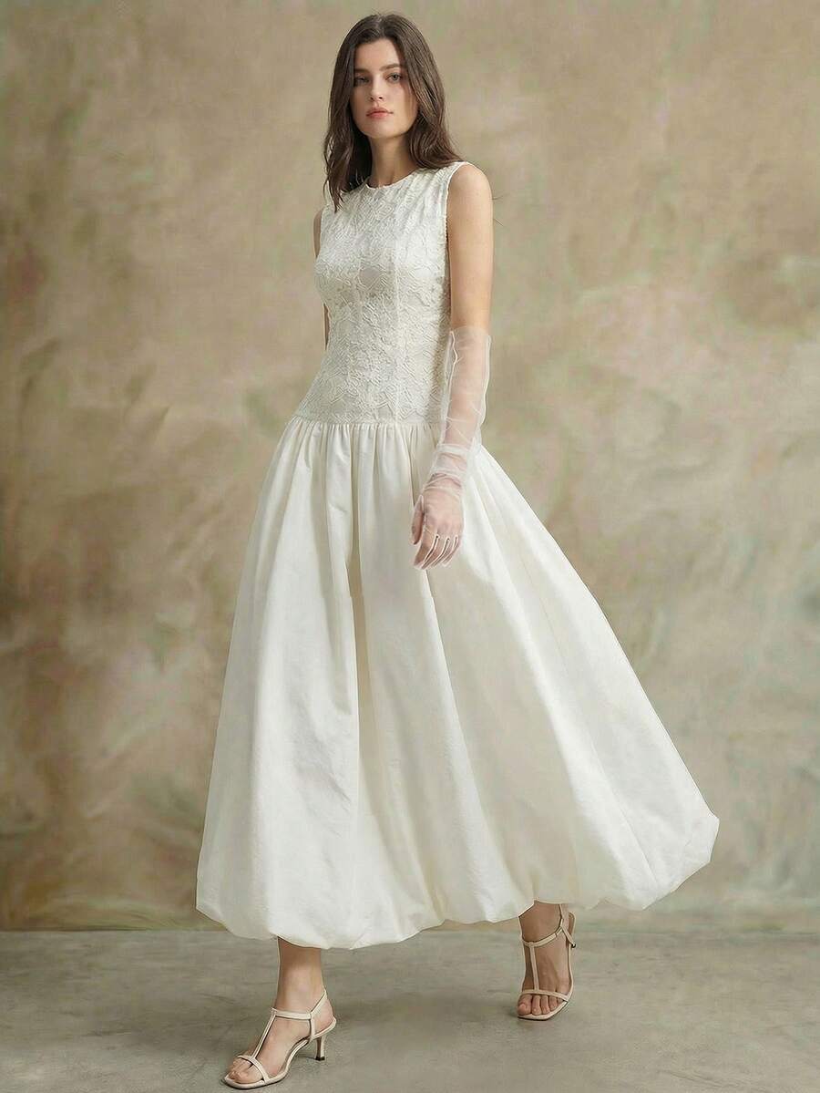 Ontre Women's Elegant White Summer Mid-Length Dress,Lace Patchwork Round Neck Sleeveless Fitted Waist,Dining Wedding Guest Attire,Vintage High-End Woven - Apricot - View 1