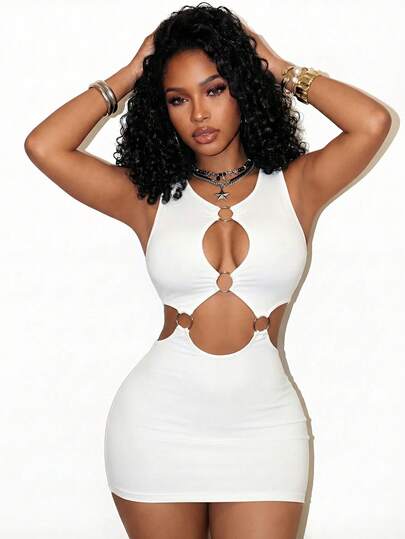 BamGleam White Hollow Choker Tight Fitting Backless Crop Top With Metal Ring Decor, Sexy Revealing Sleeveless Bodycon, Suitable For Party Queen, Socialite Daily Wear, Nightclub, Beach Vacation