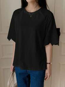 DAZY Camiseta de manga corta de verano con parches de encaje elegante y casual para la ciudad - Negro - Ver 4