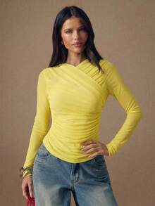 SHEIN BAE Women's Solid Color Pleated Long Sleeve Fitted Fashion T-Shirt - Yellow - View 4