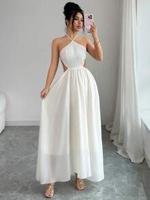 SHEIN Elenzya 女士优雅休闲通勤性感度假镂空露背吊带修身长裙 - 杏色 - 查看 4