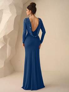 Coutiva Gaun Malam Formal Model Ekor Ikan Tanpa Punggung dengan Hiasan Mutiara Elegan untuk Wanita - Dusty Blue - View 1