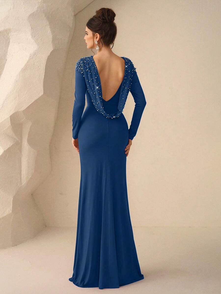 Coutiva Gaun Malam Formal Model Ekor Ikan Tanpa Punggung dengan Hiasan Mutiara Elegan untuk Wanita - Dusty Blue - View 1