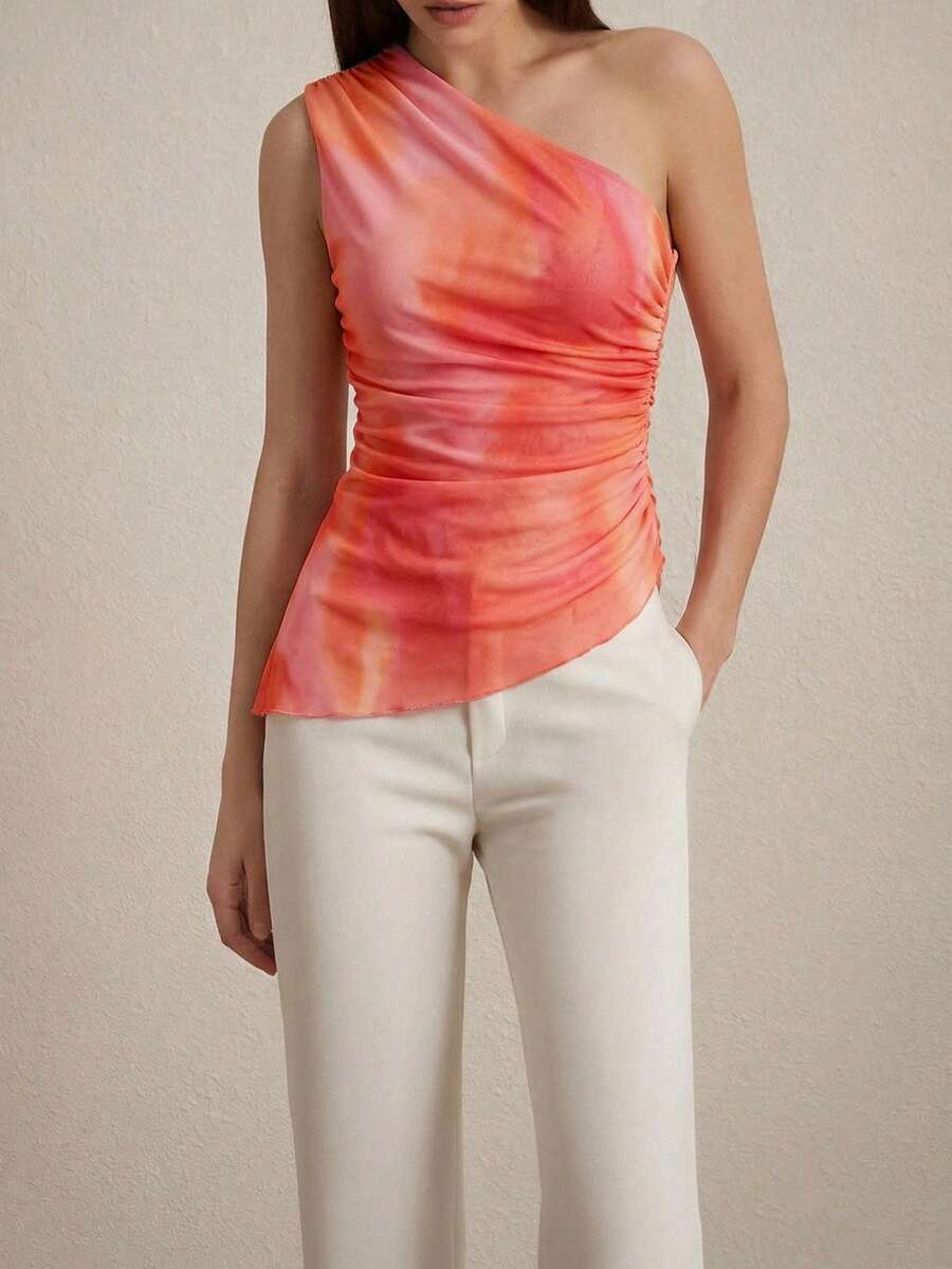Aveloria Rosie Random Tie-Dye Mesh Fabric Print Ruched Slim Fit Asymmetric Elegant Summer Tank Top  - Pink - View 1