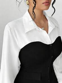 SHEIN Elenzya 女士纯色撞色拼接纽扣装饰长袖翻领连衣裙，春秋季女士大码连衣裙，女士连衣裙，女士教堂礼服，女士正式礼服，惊艳连衣裙 - 黑色 - 查看 4