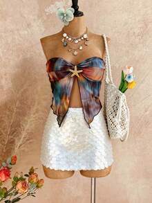 INAWLY 女士休闲度假性感扎染印花露脐抹胸上衣 - 咖啡棕 - 查看 6