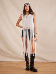 女士纯色圆领音乐节日常假日流苏下摆吊带衫 - 白色 - 查看 5